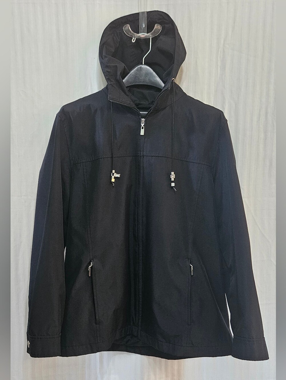 Jones New York Jacket - Black Hooded Lined Full Zip Pockets - Size L Large READ